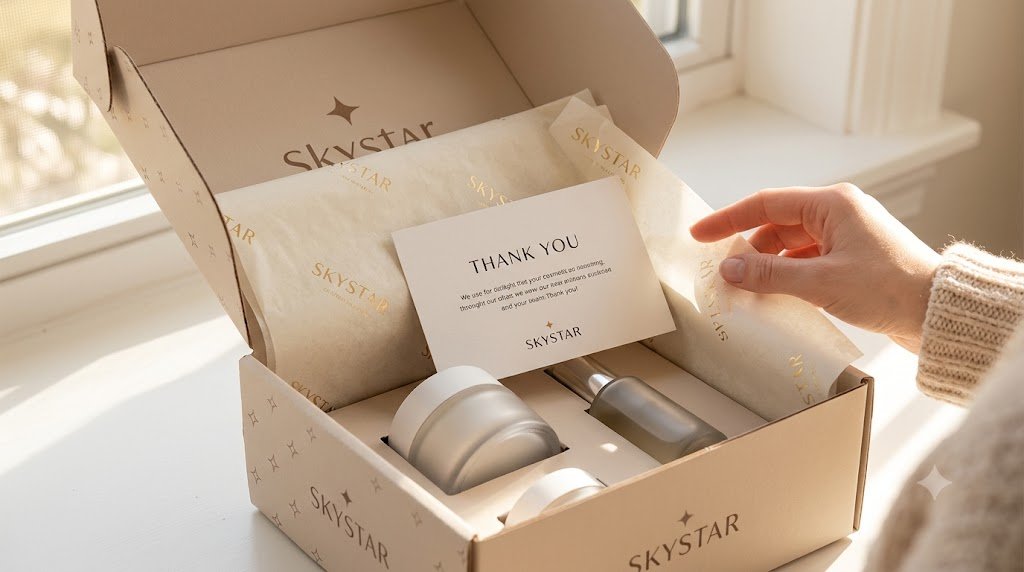 Skystar branded mailer box tissue paper and thank you card unboxing experience