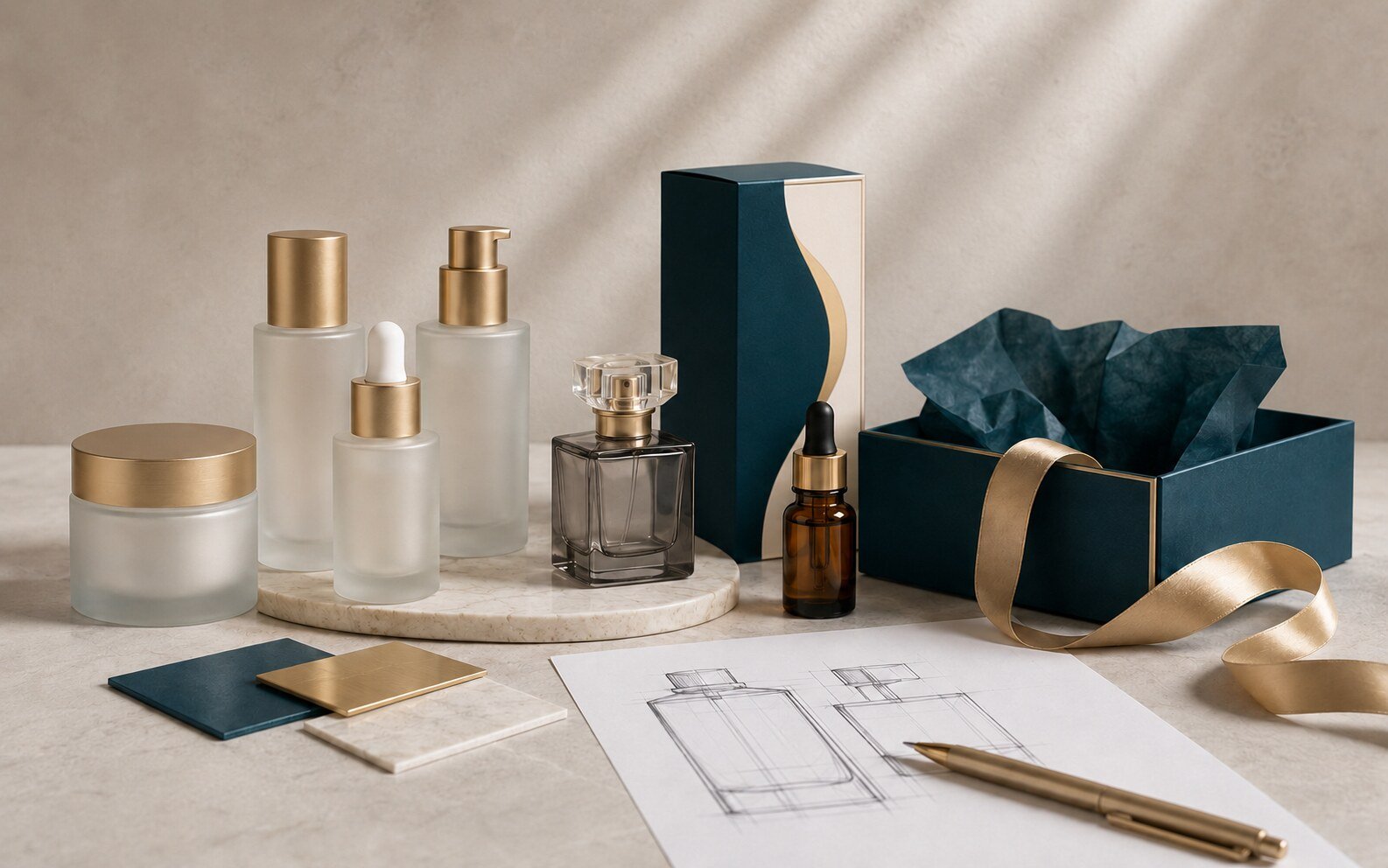 Coordinated cosmetic packaging development with skincare bottles, jar, perfume bottle, dropper and premium boxes